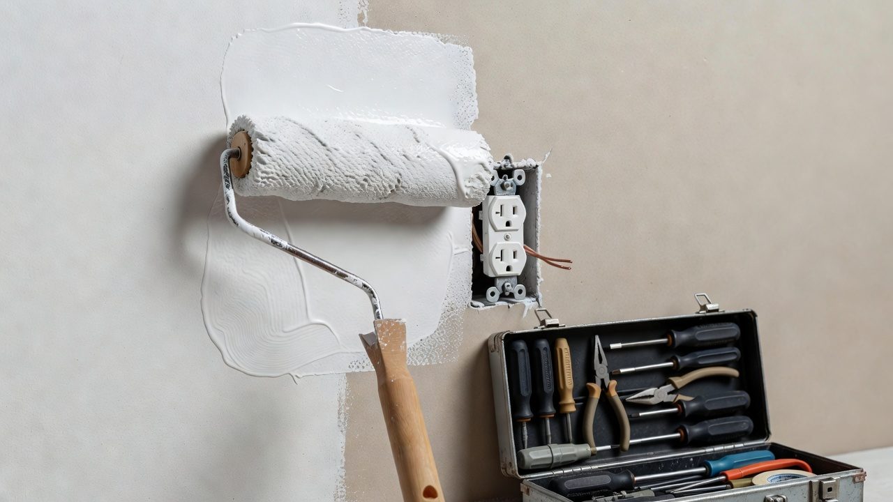 Imagen ilustrativa: rodillo con pintura blanca fresca junto a un tomacorriente y una caja de herramientas