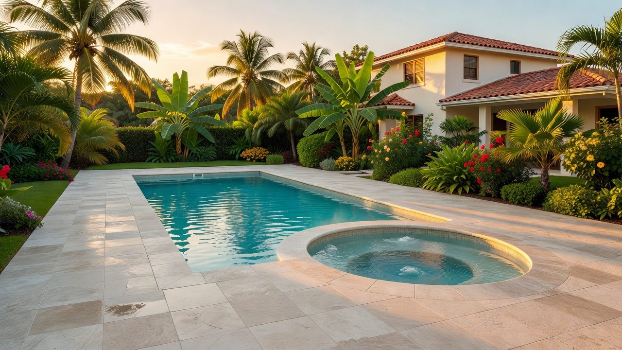 Imagen ilustrativa: piscina con jacuzzi y terraza en el patio de una casa con jardín tropical al atardecer