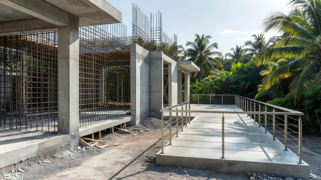 Imagen ilustrativa: estructura de hormigón y acero en construcción junto a una terraza terminada con barandas