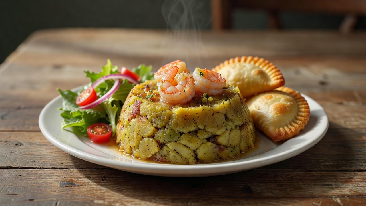 Illustrative image: plate of shrimp mofongo with side salad and empanadas on a rustic wooden table
