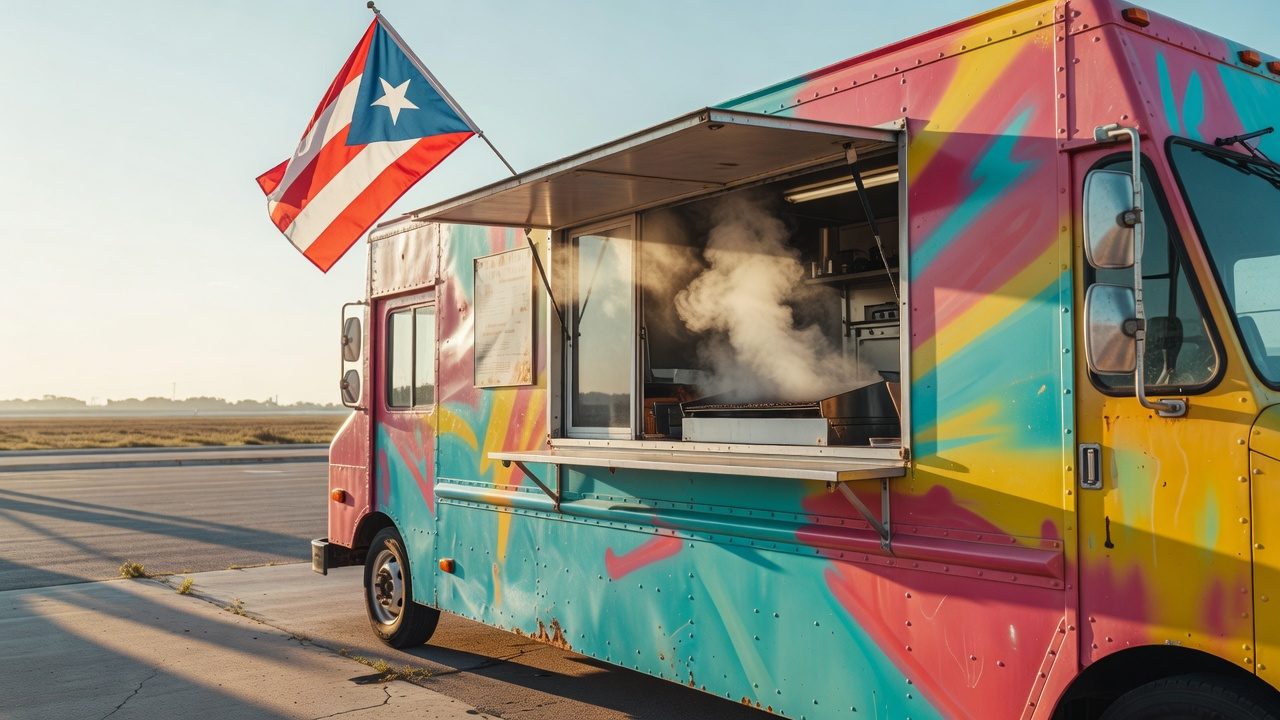 Illustrative image: colorful food truck with a Puerto Rican flag and steam coming out of the serving window