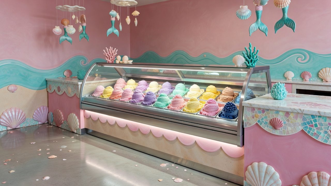Illustrative image: ice cream display case with colorful flavors in a pink and teal mermaid themed shop